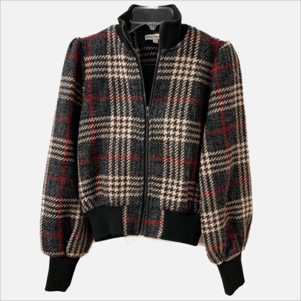 Express X negin mirsalehi Plaid Wool Blend Cropped Bomber Jacket Puffy Sleeves